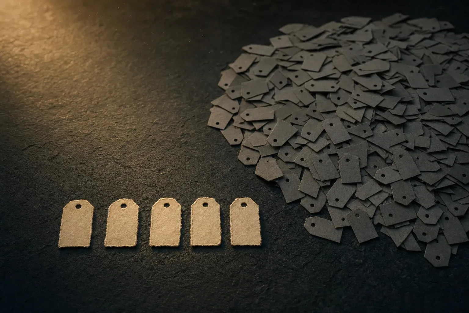 A drift of several hundred identical dull grey paper tags piled on dark stone, with five warm off-white hand-cut tags laid out separately in a row in the foreground