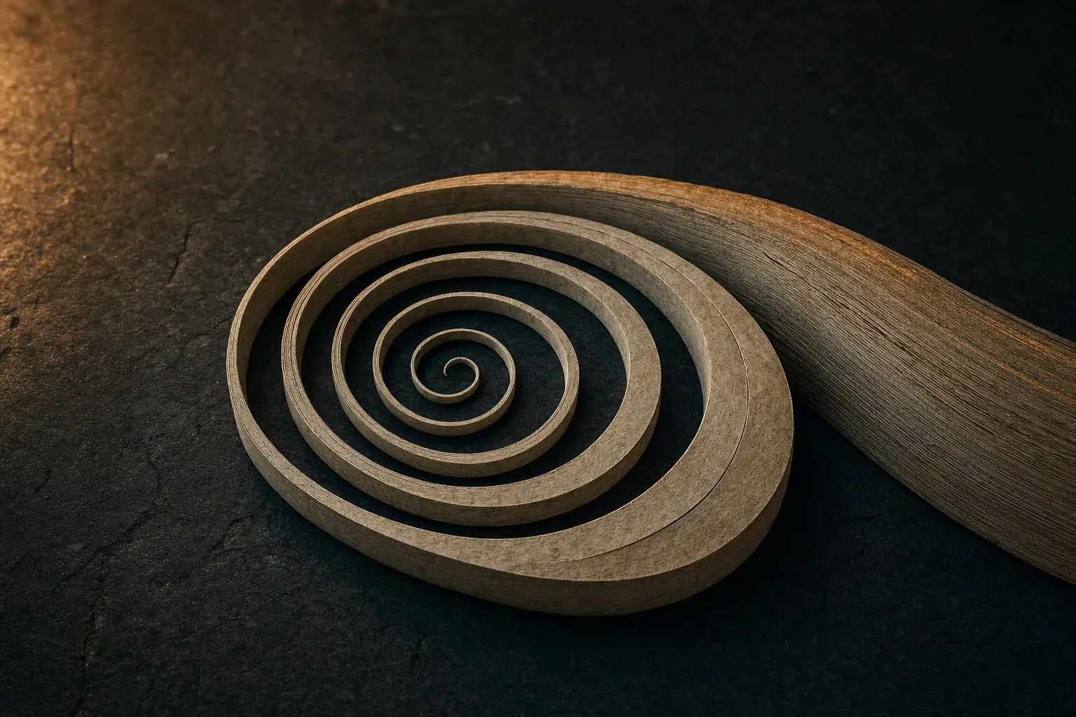 A single strip of pale paper coiled into a flat spiral on dark stone, thin and neatly wound at the center and growing thicker with every turn until the outermost band runs off the edge of the frame