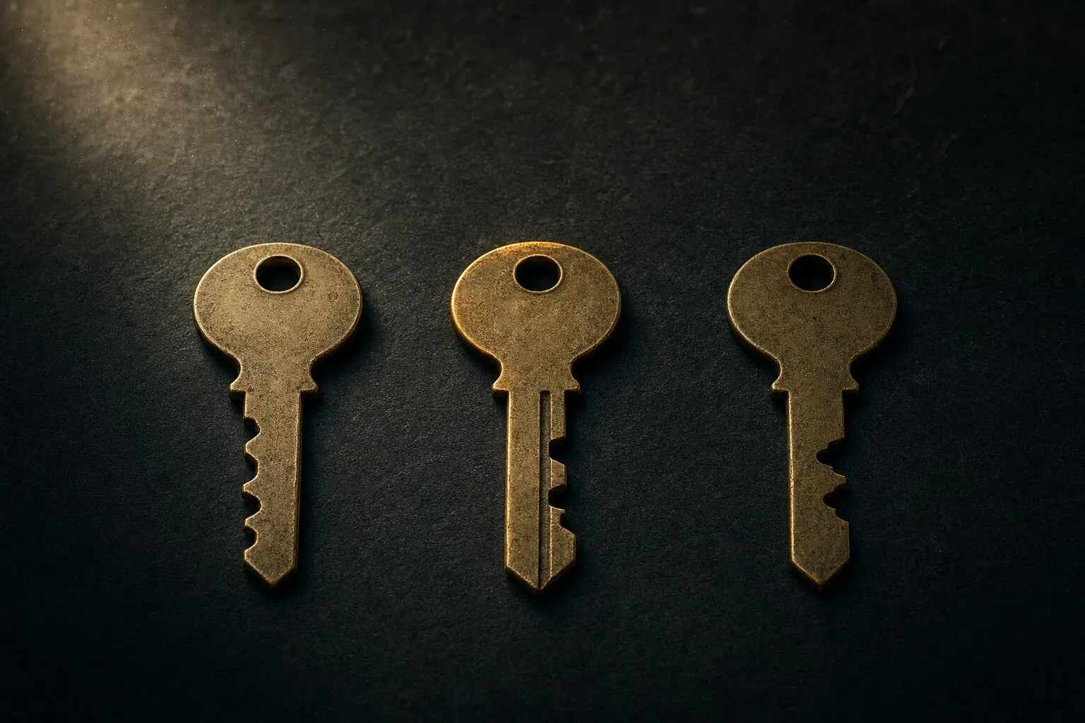 Three brass keys lying side by side on dark stone, their heads identical in shape and finish while each blade is cut to a completely different pattern