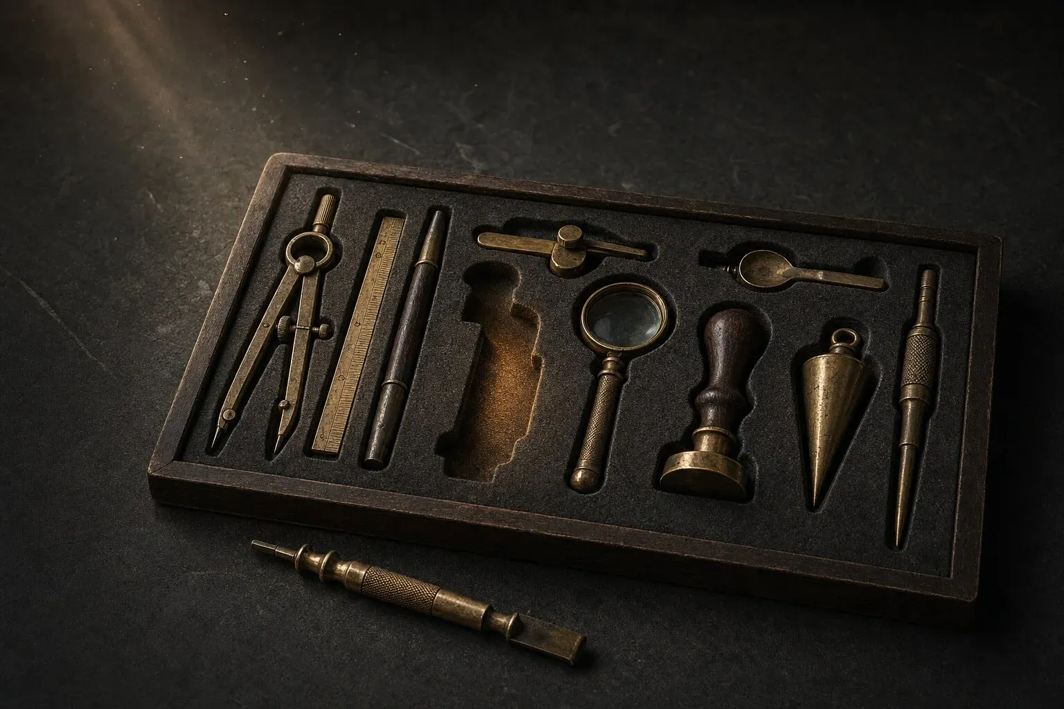 A felt-lined wooden tray of brass tools on dark stone, each in its own fitted recess, with one recess empty and its tool lying beside the tray