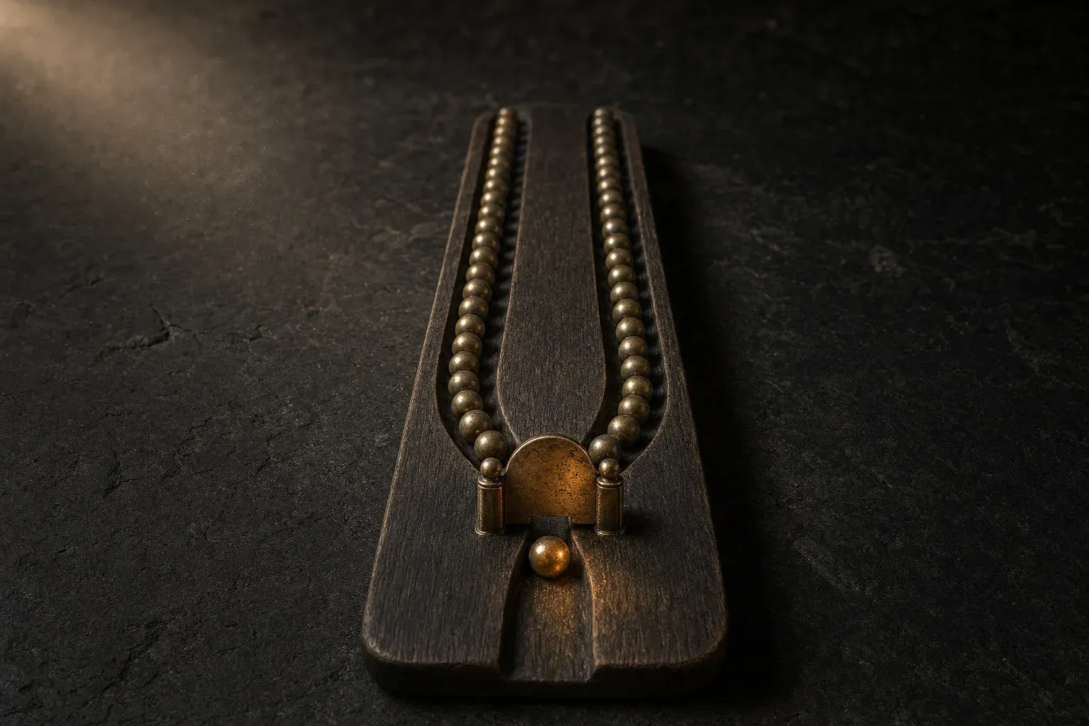 A dark wooden board on stone with two carved grooves full of brass ball bearings converging on one small brass gate, a single ball passing through in amber light