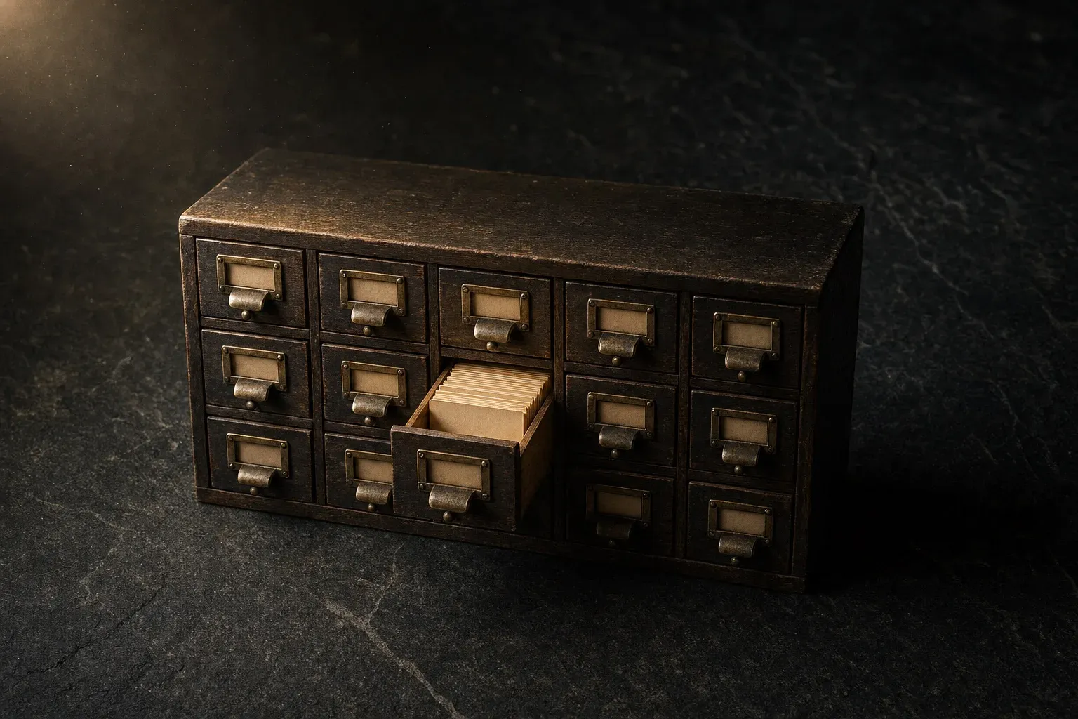 A small dark wooden card catalog on stone, every drawer with a brass pull and blank label, one drawer pulled open in amber light showing its index cards
