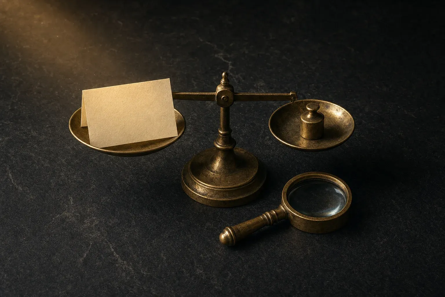 A small brass balance scale on dark stone with a blank cream card on one pan and a brass weight on the other, a brass magnifying loupe beside it