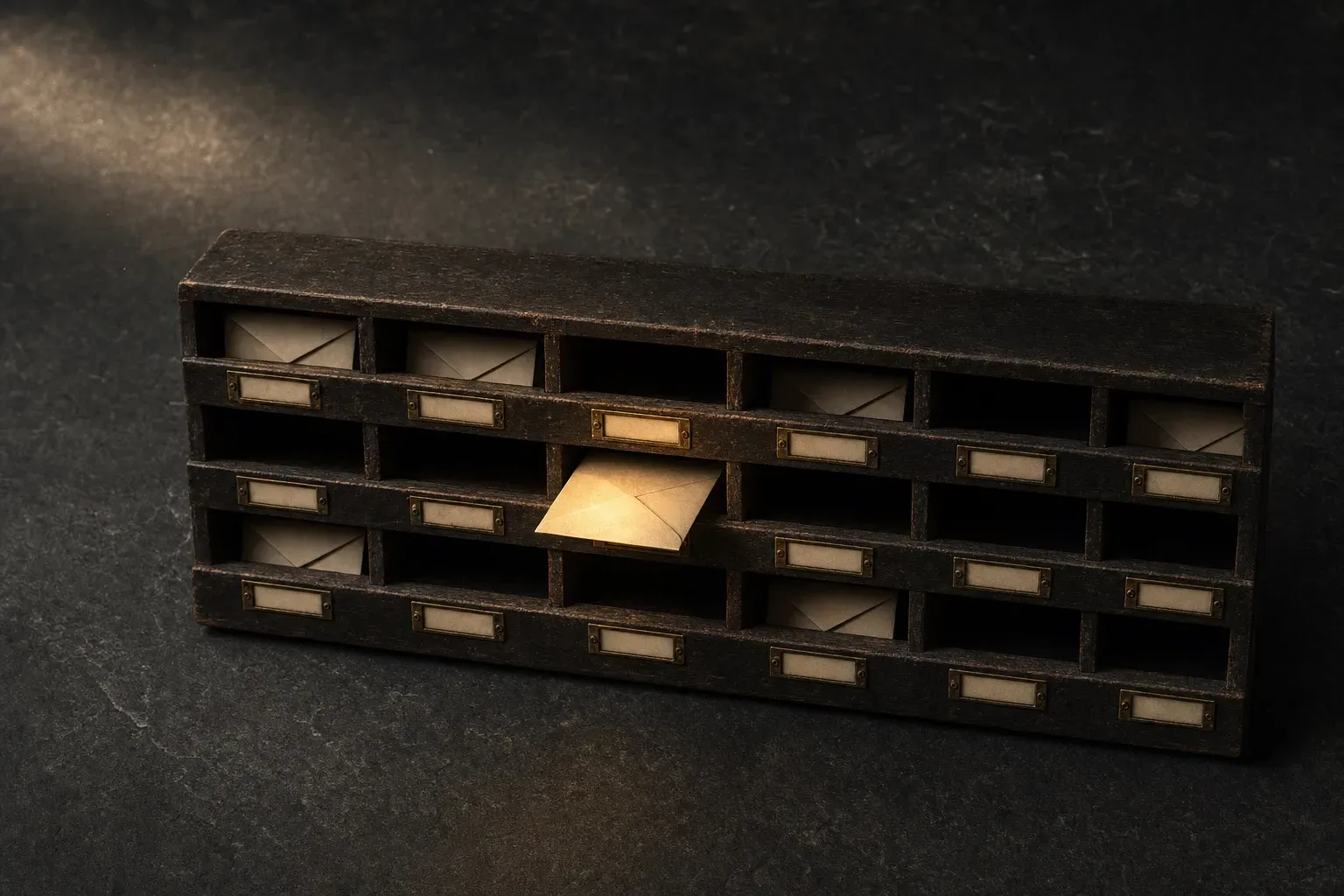 An old dark wooden sorting cabinet of pigeonhole mailboxes on stone, each with a blank brass label, one cream envelope sticking out of a middle cubby in amber light