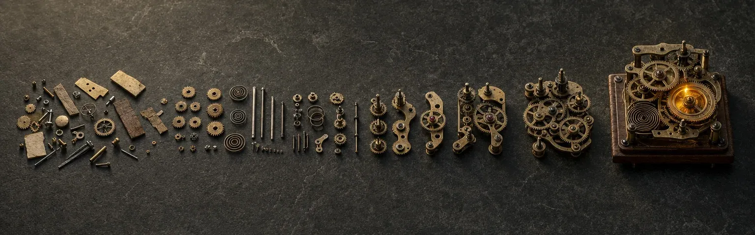 Loose brass gears, springs and pins laid out in a row on dark stone, sorted and fitted together step by step until they become a finished clockwork mechanism glowing amber at the right.