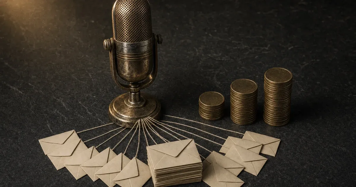 A vintage brass microphone on dark stone, with cords running from its base to a fan of blank envelopes gathered into one stack, beside three stacks of brass coins in rising heights.