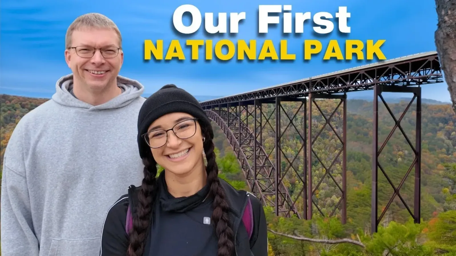 Nathan and Fabiola in front of the New River Gorge Bridge, from the Nomads Amor channel.