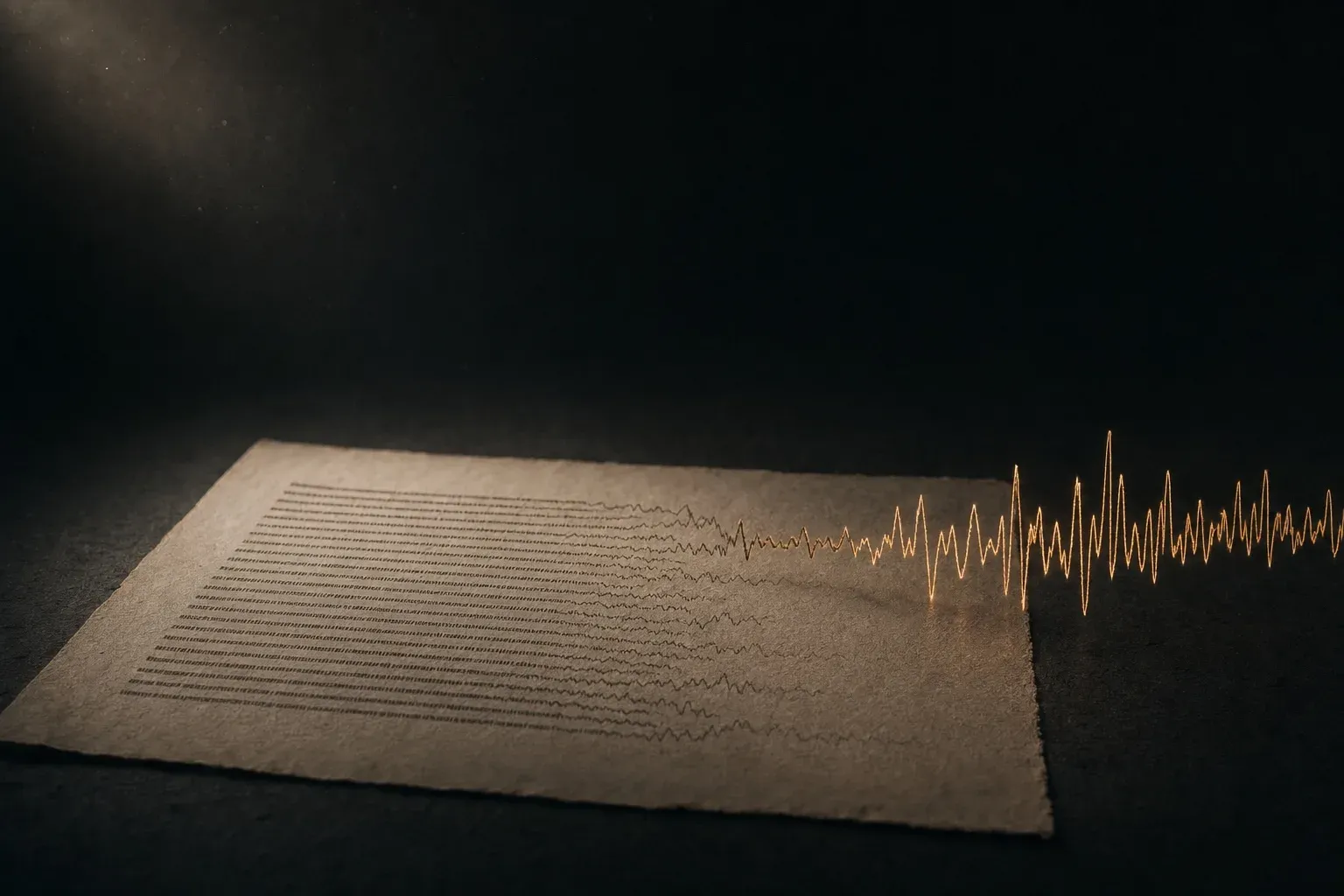 A sheet of manuscript paper on a dark surface, its printed lines dissolving left to right into a glowing amber audio waveform that lifts off the page