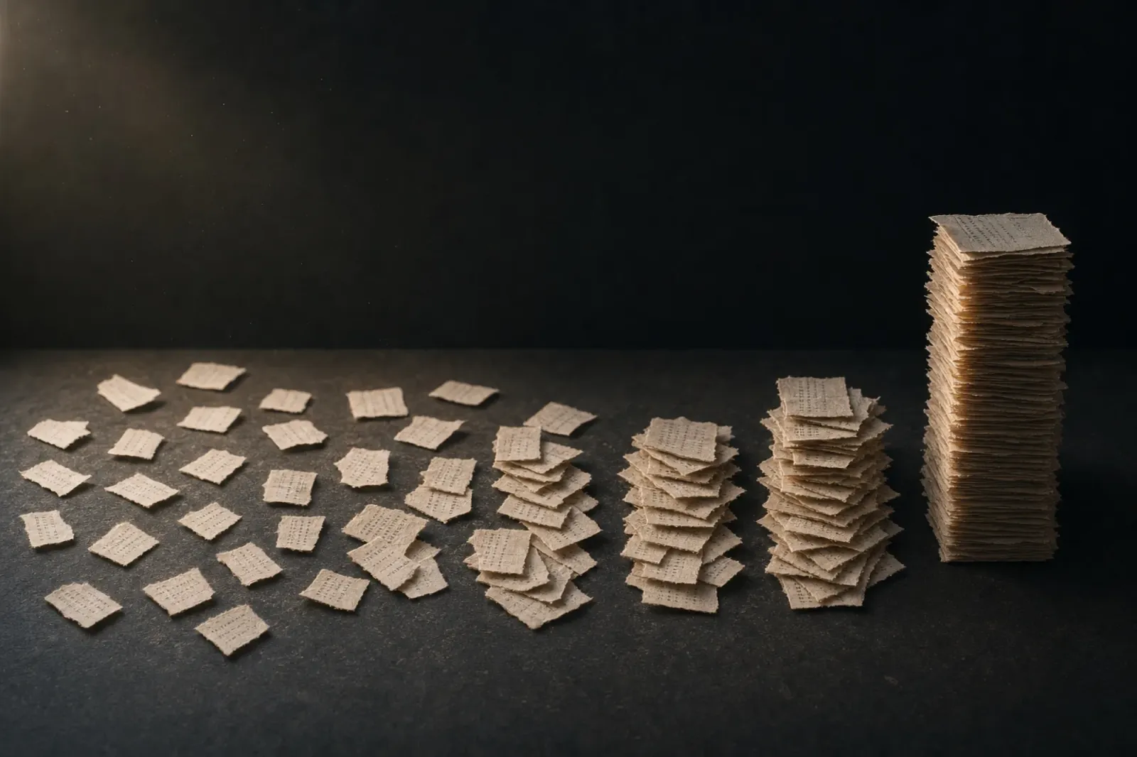 Dozens of small torn paper slips scattered across a dark surface, gathering left to right into progressively taller stacks and finally one tall column