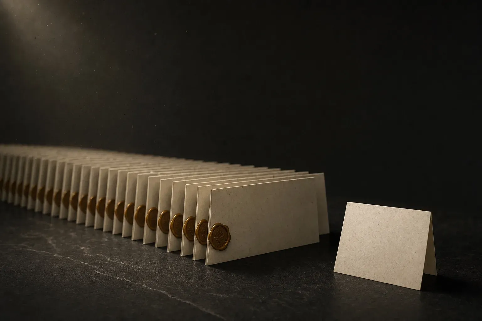 A long row of identical cream cards receding into darkness, most sealed with amber wax, one pulled forward and unsealed.