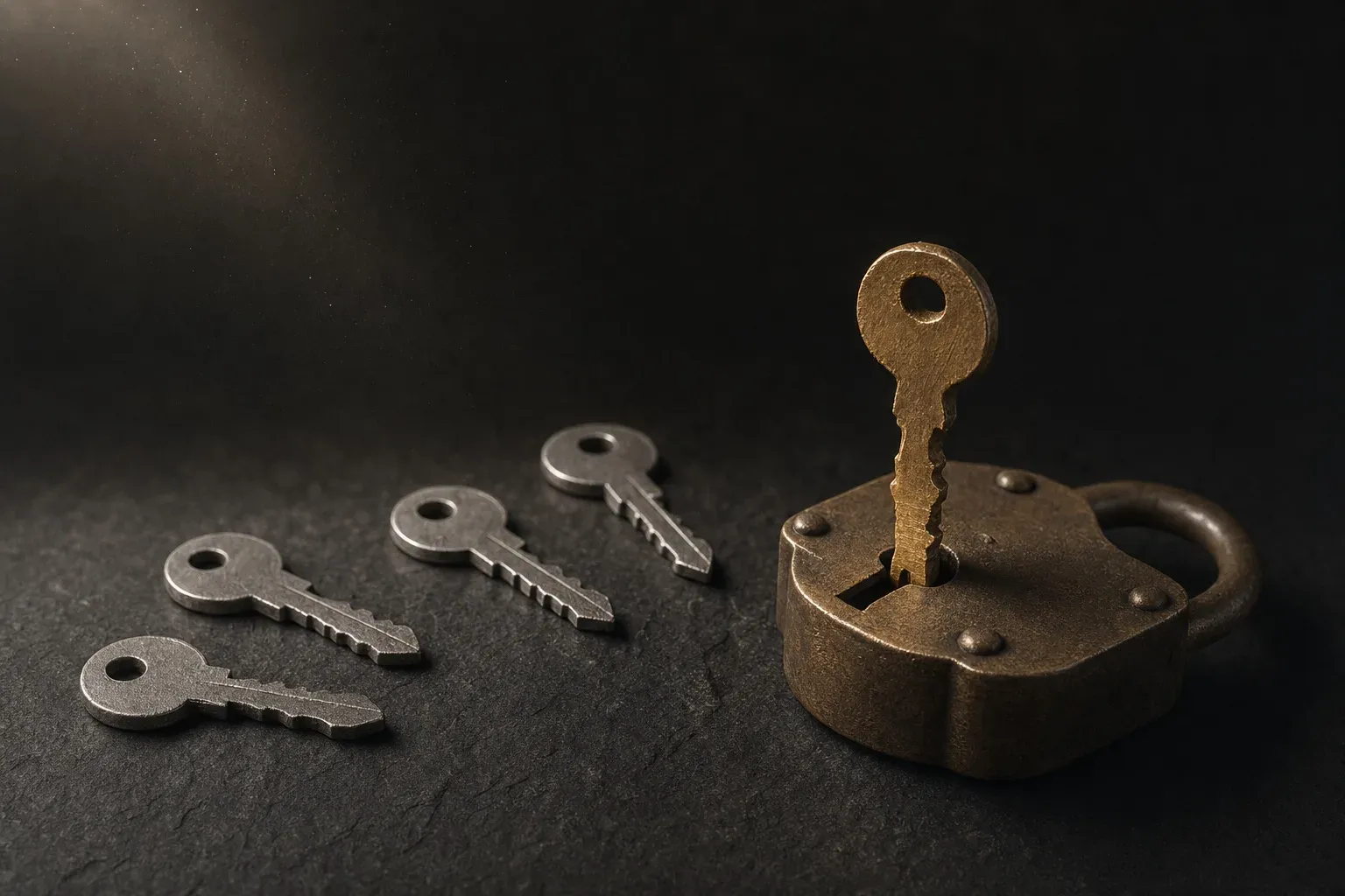 Machine-stamped steel keys scattered on dark stone beside a single hand-filed brass key seated in a lock.