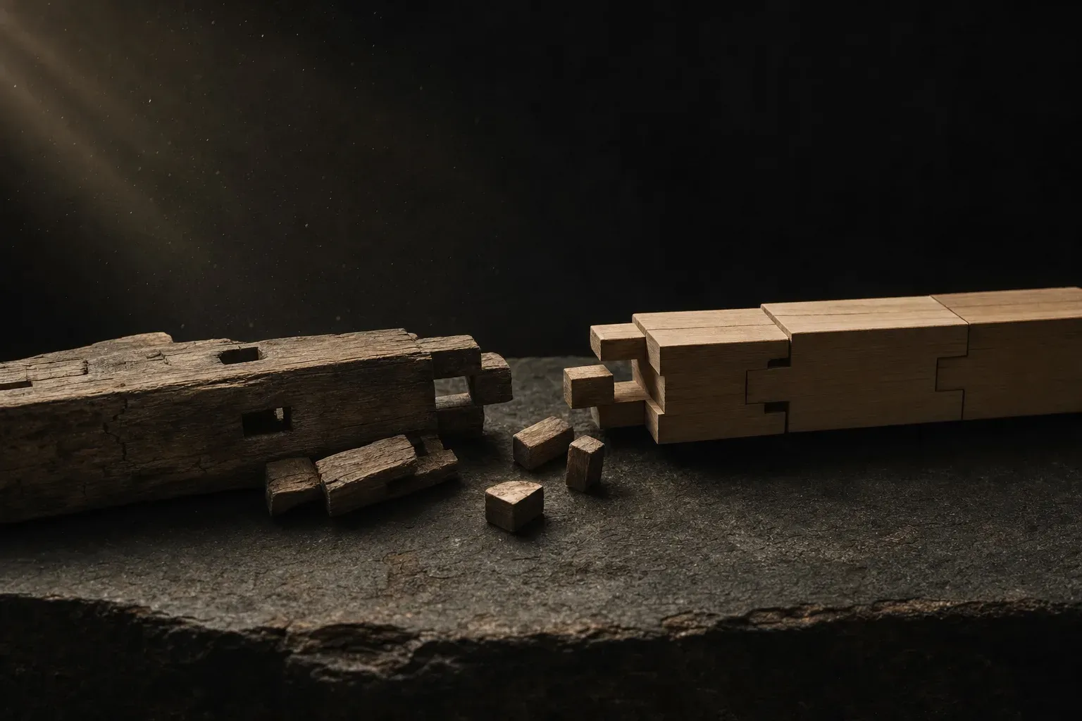 Hand-cut timber joinery partly dismantled on the left, continuing to the right as uniform machined components.