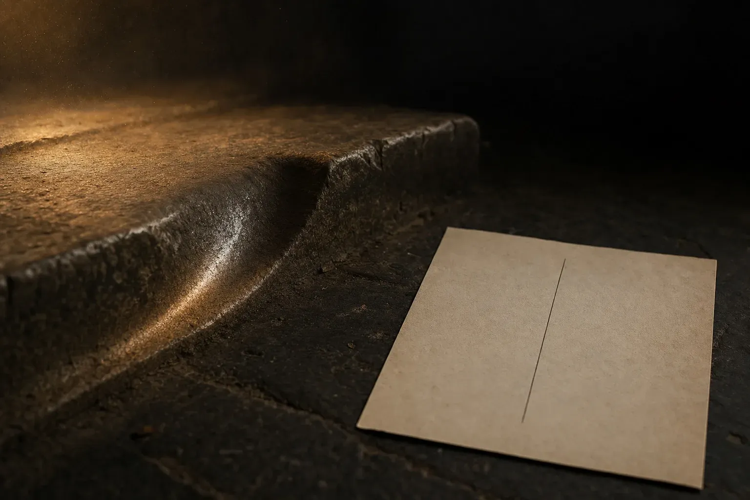A worn stone threshold with a groove cut by years of use, beside a crisp freshly ruled line.