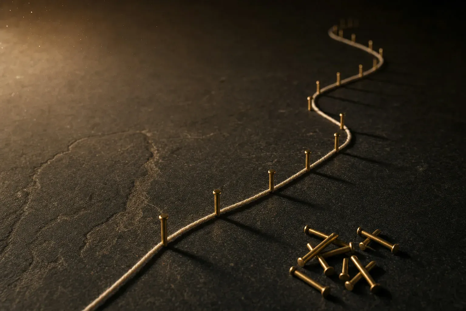 A pale cord winding across dark stone like a road, with brass pins standing at even intervals along it